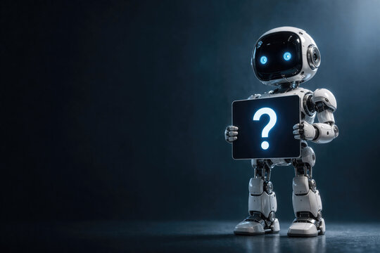 A white robot holds a sign with a question mark. Space for text.