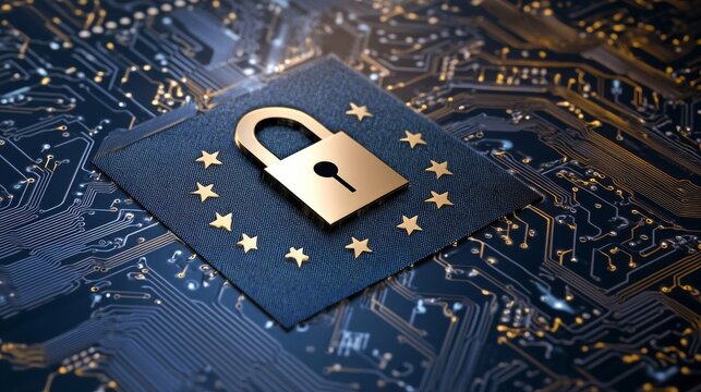 Integration of EU cybersecurity directives with lock and stars symbol on circuit board