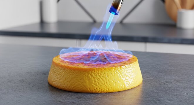 Golden custard dessert sits on a stone surface in a modern kitchen while blue fire flickers over the crisp caramelized sugar crust detail, baking, artistic, caramelized