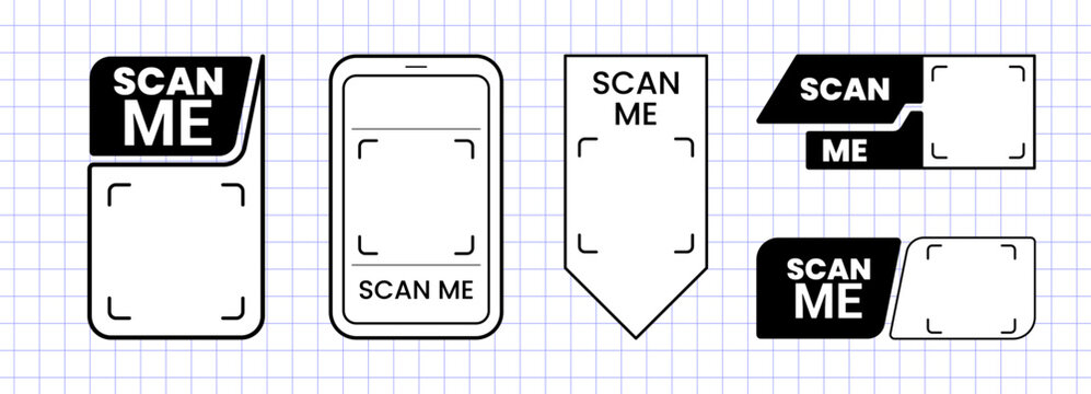 Scan me icon with qr code frame and sticker logo arrow. Design phone payment with shape vector qrcode and cta app website. Set mobile scan with tag scanner qr