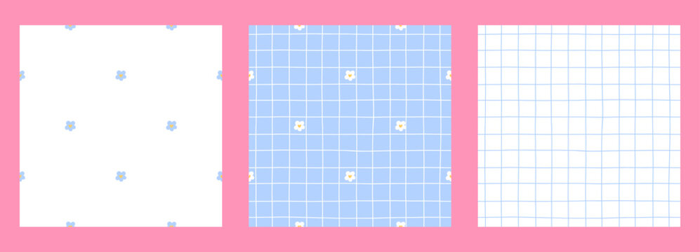 Flower pattern plaid with daisy and gingham check. Pastel colors for seamless and cute spring design springtime. Dot patterns with daisies on summer fabric alongside chrysanthemum.