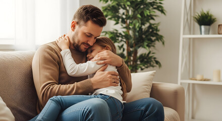 Obraz premium A loving father tenderly embraces his young child while seated comfortably on a cozy sofa at home