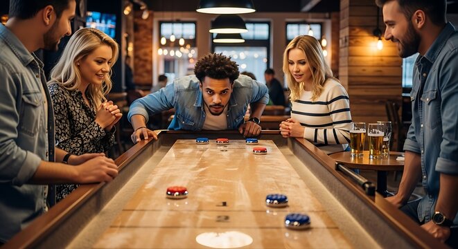 Friends gathered around a shuffleboard table, focused on the game