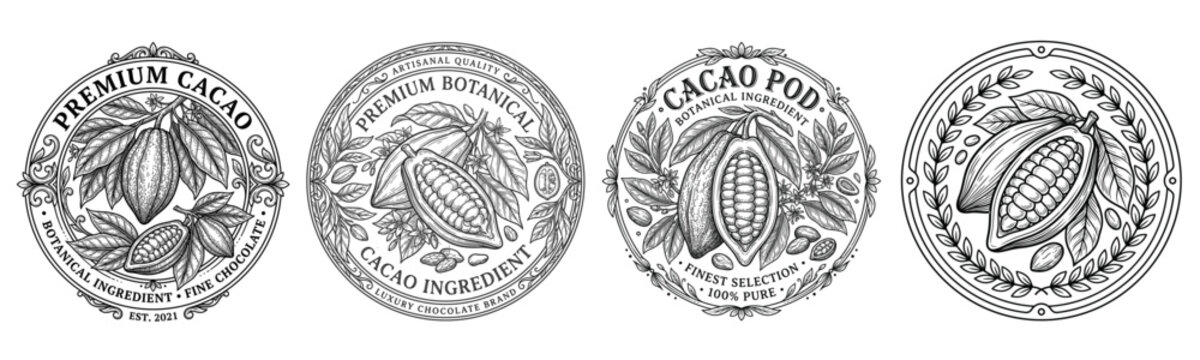 Premium cacao pod round emblem engraving set with botanical borders, cocoa bean details, and luxury chocolate packaging seal designs