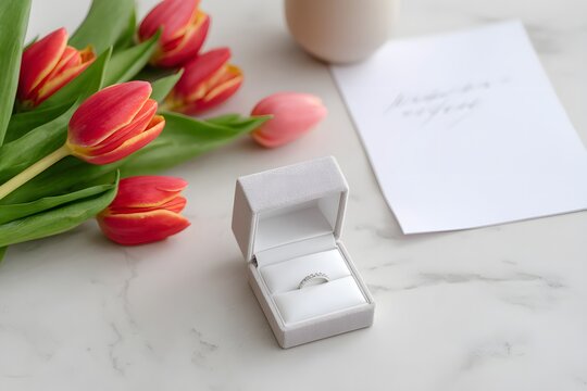 Ring box sits on a marble surface next to tulips and a handwritten note