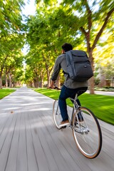 Naklejka premium A student pedals a bicycle down a path surrounded by trees on campus