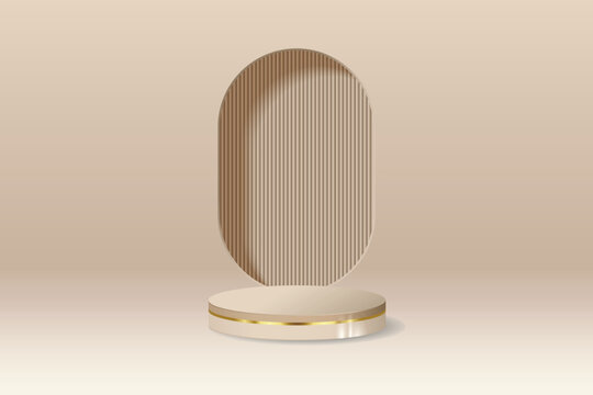 3D round baige podium background with window light and shadow. Abstract composition minimalist design. Studio display showroom cosmetic stand product pedestal, Fashion stage showcase mockup wall