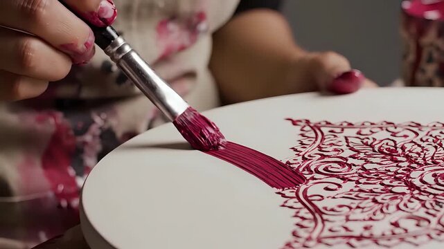 Closeup of artist hand painting intricate red pattern on white surface with brush.
