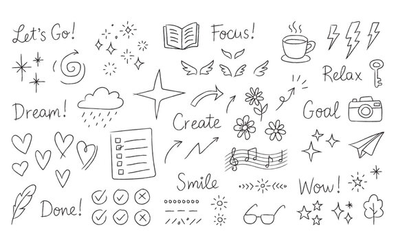 Hand-drawn inspirational life doodle set. Vector collection of cute icons, hearts, stars, and motivational words like Dream, Goal, and Create for planners and creative journaling.