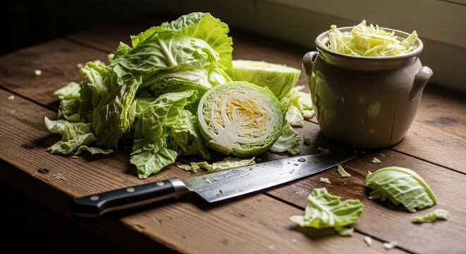 Fresh green cabbage head sliced on rustic wooden table with sharp knife. Shredded vegetable in ceramic bowl for healthy cooking and salad preparation. Organic food and culinary concept.