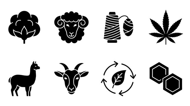 Natural Fibers and Sustainable Materials Icons Set for Textile and Eco-Friendly Industries Design