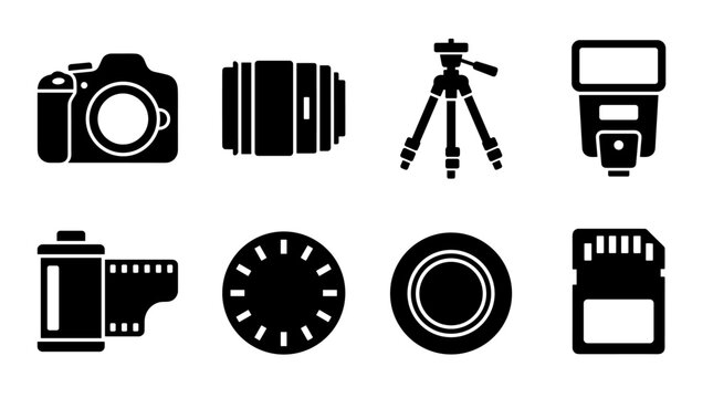 Essential Photography Equipment Icons: Camera Lens Tripod Flash Film Dial Filter Memory Card Set