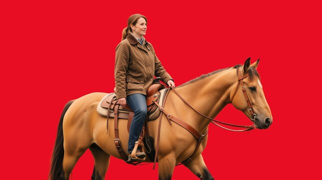 Woman riding a buckskin horse in western saddle. Female rider in casual jacket isolated on red background