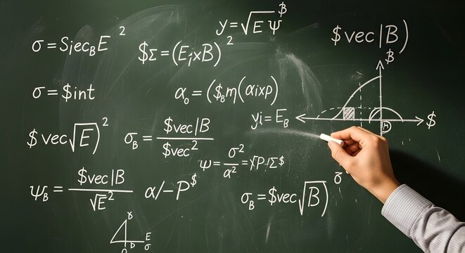Hand writing complex math formulas and physical equations with chalk on green chalkboard during a university physics lesson or lecture