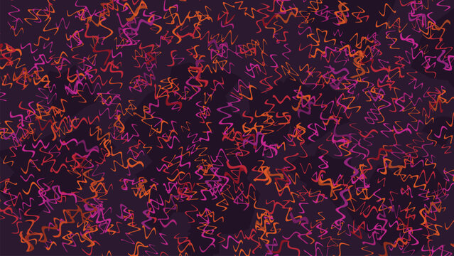 Abstract scribble pattern background with neon orange and pink wavy lines, dark purple textured vector illustration, energetic chaotic scribble wallpaper for digital art