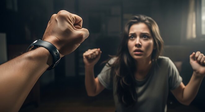 Frightened woman cowering as a fist with smartwatch looms, dark room