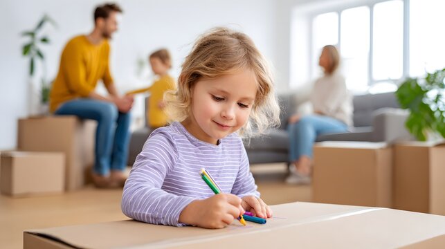 Girl uses crayons to draw on a cardboard box in a new apartment