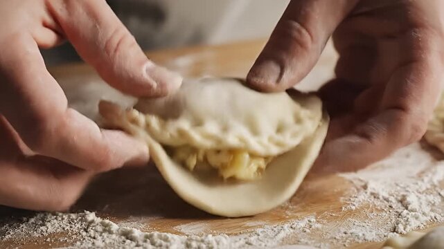 Closeup of hands making dumplings with filling on a floured surface.