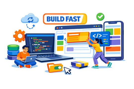 Modern Web Development Flow lively web development scene with two stylized human characters building a giant responsive interface, one character coding beside