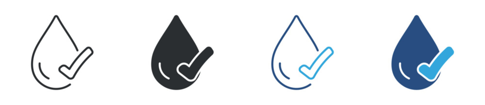 Water drop check mark icon set. purity and quality assurance concept. eco protection and clean water symbol. vector illustration.