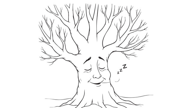 Whimsical anthropomorphic bare tree with a human face sleeping soundly, exhaling Zzzs in a peaceful slumber, winter or autumn concept