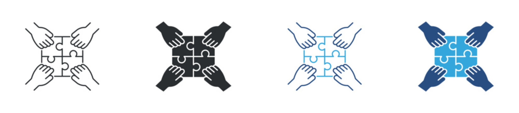 Teamwork puzzle hands icon set. collaboration and partnership concept. group problem solving symbol. vector illustration.