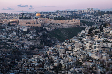 Naklejka premium Jerusalem, Israel - Panorama of the Old City with almond trees