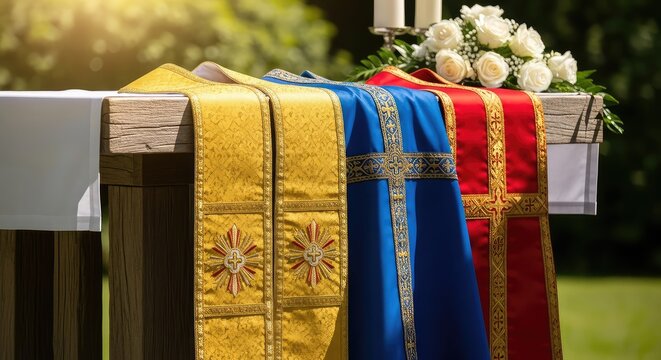 Liturgical vestments and a gold stole are displayed at a rustic wooden altar decorated with white roses in a bright, sunlit outdoor garden, garden, greenery, altar