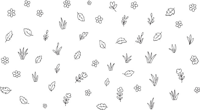 Hand-drawn botanical pattern with simple outline doodle flowers, leaves, and grass elements. Ideal for nature-themed designs, eco-friendly backgrounds, or decorative seamless prints.