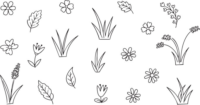 Collection of simple hand drawn natural doodle elements including various flowers leaves and grass on a clean white background for design.