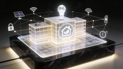 Fototapeta premium Smart home technology hub with connected devices and energy management icons, home automation