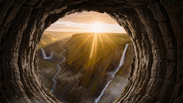 Ancient stone aperture in a mountain cliff overlooking a sunset valley, concept of portal and discovery.