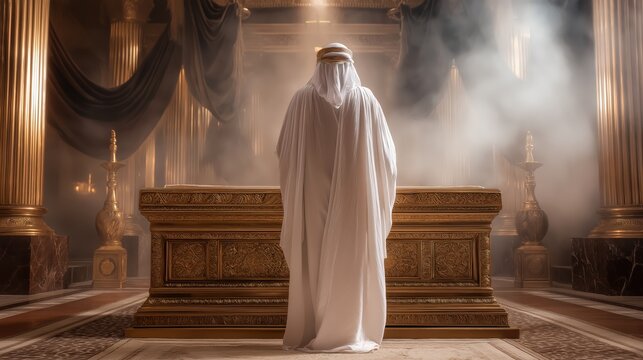 An intense interior scene inside the most holy place with the high priest standing before the ark of the covenant amid incense smoke and dim golden light, expressing holiness and silence.