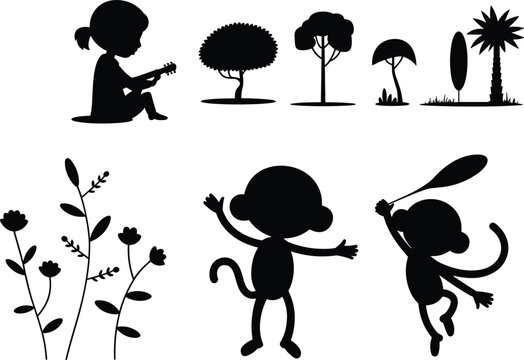 Black silhouette set of child playing guitar monkeys trees and plants vector illustration collection for design use