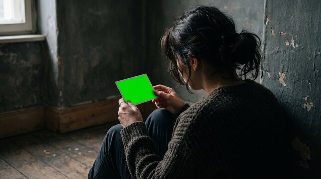 Woman sitting on a wooden floor holding a green screen photo in a desolate room.