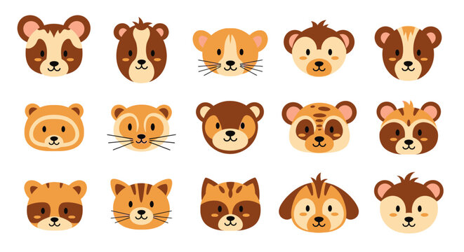 Various cartoon animal faces closeup.