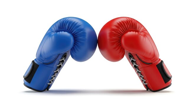 Two boxing gloves in blue and red face each other in a dramatic standoff, symbolizing a powerful international economic rivalry and clash, pattern, economy, sport