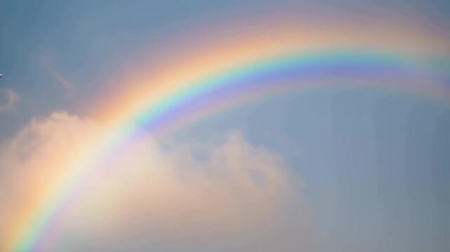 Rainbow arching across a blue sky, showcasing a gradual fade of colors and soft focus, capturing the serene beauty of nature in a tranquil setting
