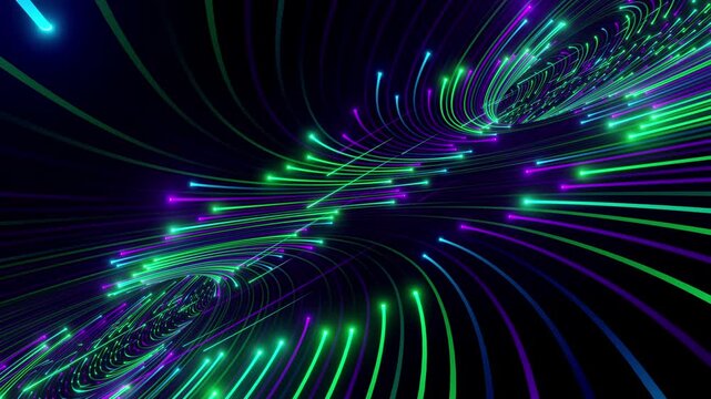 A captivating seamless 4k VJ loop featuring an infinite twisted torus with symmetrical neon lines in purple, blue, magenta, and orange for VJ sets, high-tech club visuals, electronic music festival