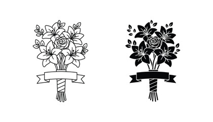 Floral bouquet arrangement with ribbon banner in clean line art and solid black vector style for celebration cards and elegant graphic design projects © TARU STOCKPLC