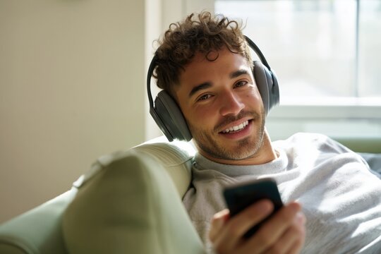 Young man wearing headphones smiling while reclining on couch