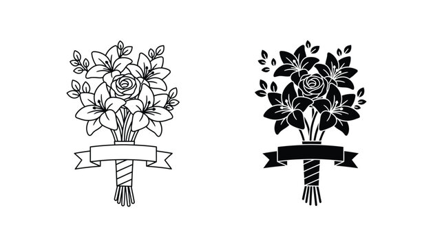 Floral bouquet arrangement with ribbon banner in clean line art and solid black vector style for celebration cards and elegant graphic design projects