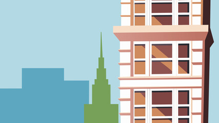 Building with large windows stands against city skyline in bright colors in urban area during daylight © Nedrofly