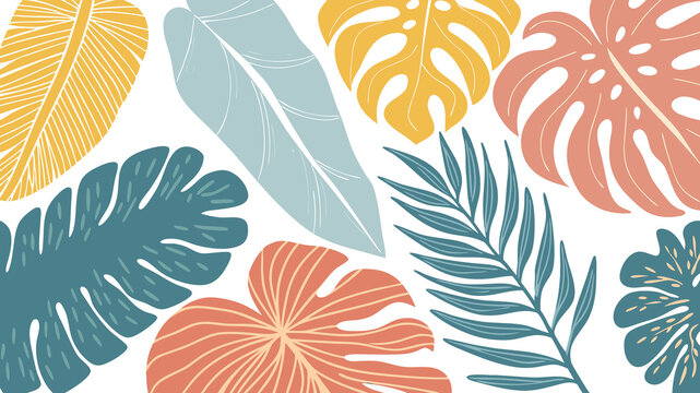 Colorful tropical leaves create a vibrant pattern suitable for various design backgrounds and products