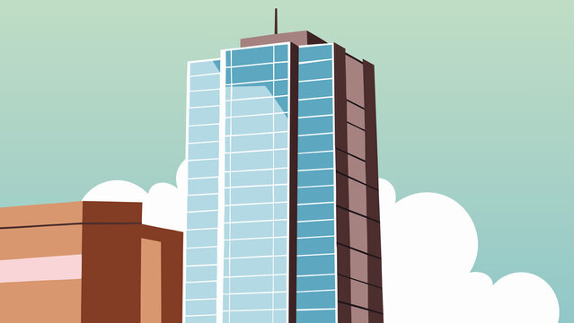 Modern building design showcases glass facade and urban architecture in a cityscape with blue sky and clouds