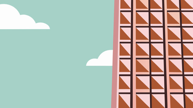 Bright building with geometric design under a blue sky with clouds