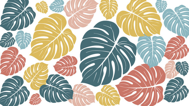 Bold tropical leaves pattern in various colors like green, yellow, pink, and blue on a white background