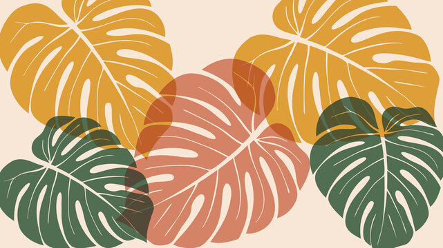 Colorful leaf patterns on a light background creating a modern design for decoration or print use