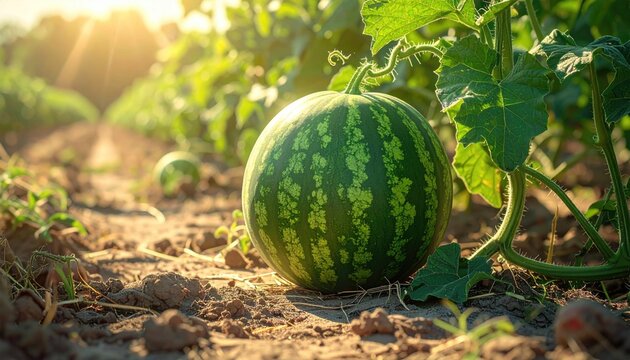 Close up of a ripe watermelon resting in a sunlit agricultural field