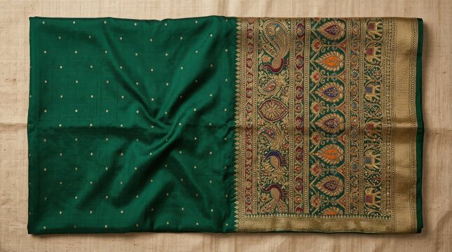 Green Silk Saree with Intricate Paisley and Peacock Border on Textured Surface